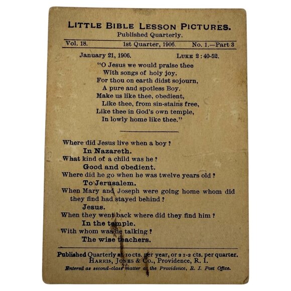 1906 Harris Jones & Co Little Bible Lesson Picture Cards Vol 18 No 1 Antique VTG - Picture 5 of 7